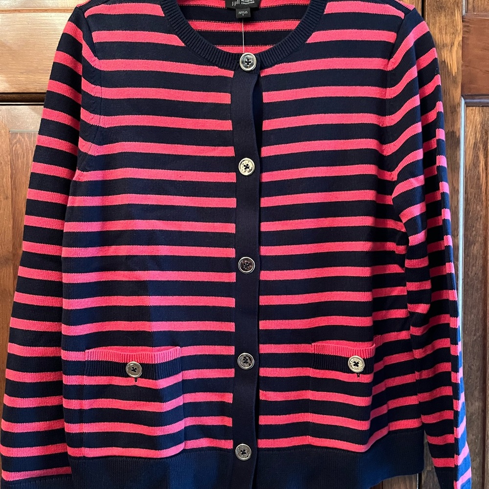 JJILL Wearever Collection Cardigan Striped Navy Blue and Poppy Size Small NWT